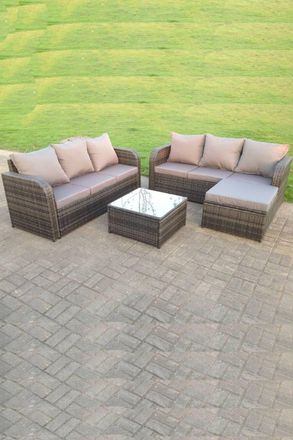 Fimous PE Wicker Rattan Garden Furniture Set Lounge Sofa Outdoor Big Footstool 7 Seater in Dark Grey