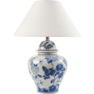 Beliani Beliani - Stylish Table Lamp with a Floral Patten Porcelain Base Linen Bell Shade Lighting White and Blue Sorraia