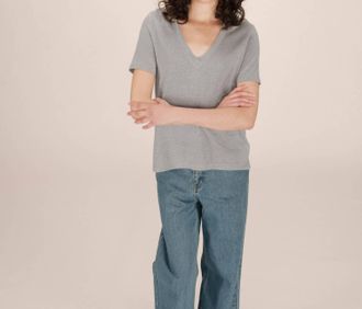 Grace & Mila Stardust Lurex V-Neck T-Shirt In Grey