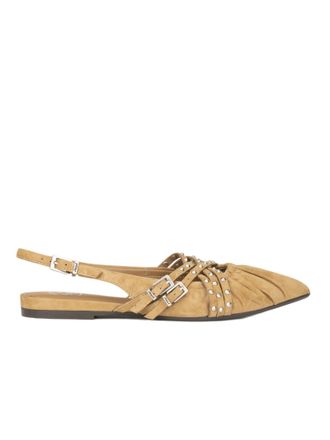 Ash Brown Flat Sandals With Pleated Leather Upper And Metallic Accents