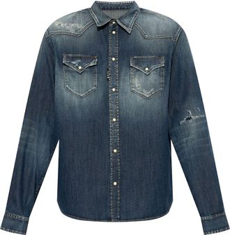 Dsquared2 long-sleeve ripped-detail denim shirt - men - Cotton/Elastane - 54 - Blue