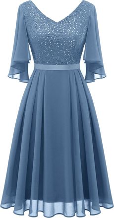Dressystar Women Elegant Cocktail Dress V-Neck Lace Dress with Sequins Knee-Length Evening Dresses Wedding, Grey, XXL