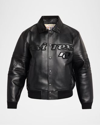 Avirex Men & apos;s Legends Leather Croc-Effect Trim Bomber Jacket