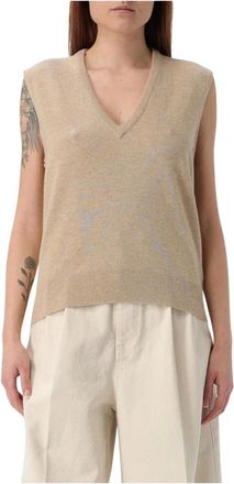 Maison Margiela Truien & Vesten, Dames, Bruin, L, Leer, Bruine Mouwloze V-hals Trui