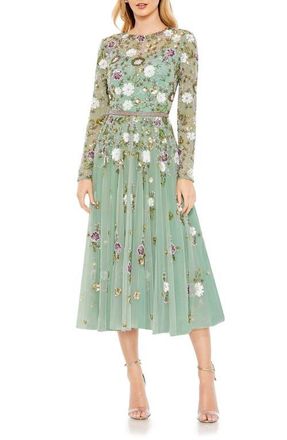 Mac Duggal Sequined Floral Long Sleeve High Neck Midi Dress in Sage Multi at Nordstrom, Size 6