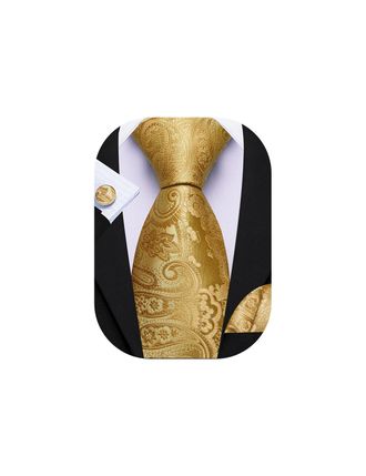 Barry.Wang Gold Paisley Tie Mens Silk Necktie Pocket Square Cufflinks Set Formal Wedding Party