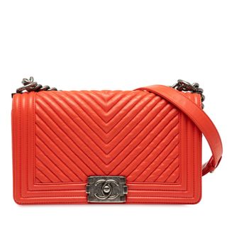 Chanel Pre-owned Womens Old Medium Chevron Lambskin Boy Flap - Orange Leather - One Size