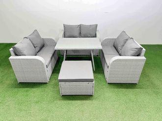 Fimous 7-seater Patio Rectangular Table Love Sofa Set with Big Stool in Light Grey