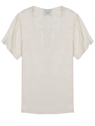 Alysi Neutrals Deep V-Neck Short Sleeves Silk Blouse