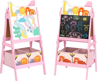 OEM Pizarra Infantil De Doble Cara Con 2 Cajas De Tela Caballete De Pintura Para Ni&ntilde;os Con Estampado De Animales Rosa
