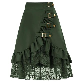 Generic Womens Skirt Double Layer Ruffle Hem High Waist Snap Button Knee Buckle Decorative Skirt-Army Green-S