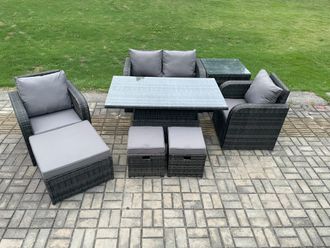 Fimous Rattan Furniture Garden Dining Set Outdoor Height Adjustable Rising lifting Table Love Sofa Chair With 3 Stools in Dark Grey