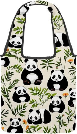 Generic Cute Panda Pattern Reversible Canvas Shoulder Tote - Double-Sided Print, 12oz Cotton, 27cm Drop, Fold-Flat Bag for Travel, Shopping, Street Outings