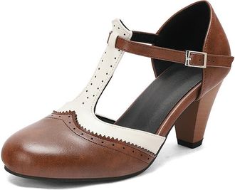 Generic Womens T-Strap Perforated Colorblock Oxfords Dress Pumps Round Toe Chunky Heel Mary Jane Shoes with Adjustable Strap (Brown,7.5)