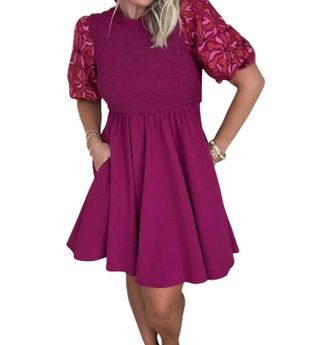 Entro Stitched Puff Sleeve Dress In Plum