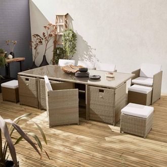 Sweeek 8 To 12-seater Rattan Cube Table Set With Chairs in Beige
