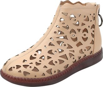 Generic Ladies Fashion Solid Color Leather Hollow Lace Casual Shoes Back Zipper Flat Boots Casual Shoes Gents (Khaki, 4.5)