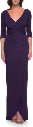 La Femme Simple Chic Jersey Dress with Ruched Waist and V Neckline in Aubergine at Nordstrom, Size 10