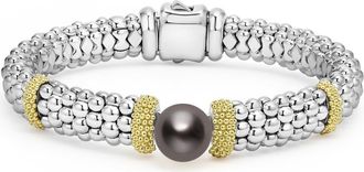 Lagos Luna Black Tahitian Pearl Station Bracelet in Silver at Nordstrom, Size 7.5