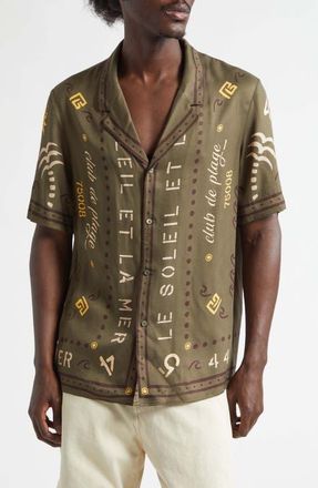 Balmain Club 45 Print Short Sleeve Button-Up Pajama Shirt in Uix Khaki/Multi at Nordstrom, Size Xx-Large