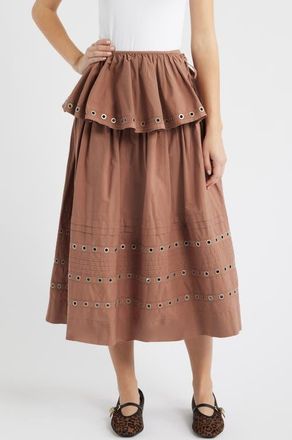 Damson Madder Anika Ruffle Grommet Organic Cotton Maxi Skirt in Tan at Nordstrom, Size 12 Us