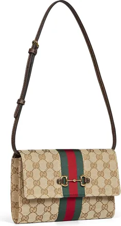 Gucci Womens Foldover Horsebit Wallet Beige Calfskin Shoulder Bags
