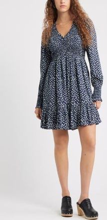 Treasure & Bond Long Sleeve Smocked Bodice Dress in Navy- Grey Ditsy Trail at Nordstrom Rack, Size X-Small