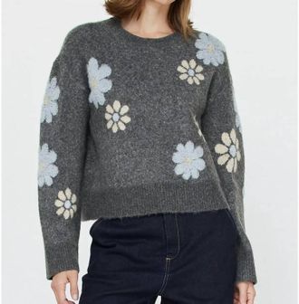 Current Air Floral Motif Crew Neck Sweater In Dark Gray