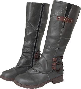 Generic Womens Retro Mid Calf Boots with Side Zipper and Buckle Strap Classic Chunky Heel Ankle Riding Boots for Casual Outfit(Grey, 8.5)