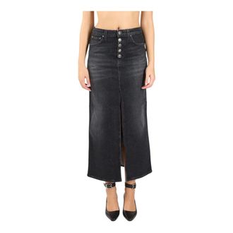 Dondup Rokken, Dames, Zwart, W30, Denim, Denim Stretch Lange Rok met Sierknoopsluiting