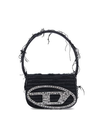 Diesel Quilted Black Cotton Shoulder Bag with Fringe and Rhinestone Details