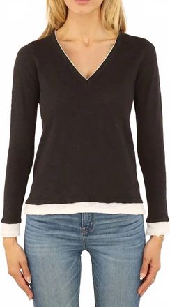 Metric Knits Cotton And Linen Layered Look Long Sleeve V Neck Top In Black/white