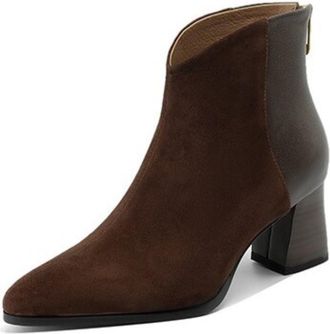 Generic Womens Ankle Boots In Suede-Like Material Pointed Closed Toe Side Zipper Chunky Block Heels Mixed Material Design Soft Lining Durable Outsole,Brown,3.
