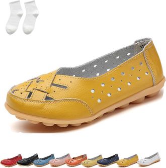 Generic Orthopedic Loafers for Women, Womens Loafers & Moccasins,Hollow Out Comfortable Leather Round Toe Flats (Yellow, Adult, Women, 6, Numeric, UK Footwear