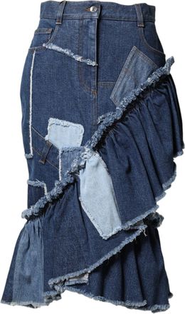 Dolce & Gabbana Blue Patchwork Layered Denim Midi Womens Skirt