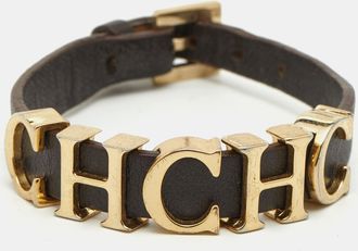 Carolina Herrera Brown Leather Logo Charm Bracelet