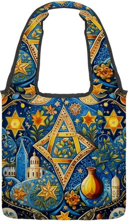 Generic Jewish Culture Pattern Reversible Canvas Shoulder Tote - Double-Sided Print, 12oz Cotton, 27cm Drop, Fold-Flat Bag for Travel, Shopping, Street Outing
