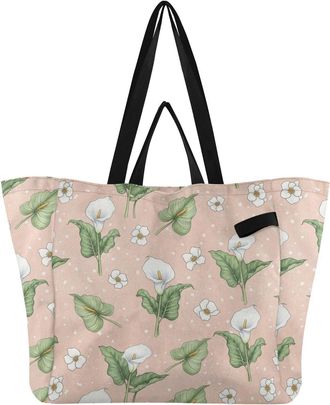 Generic Flower Leaves Pink print Reusable Canvas Tote Bag, Heavy Duty Grocery Shopping Bag with Double Handles Large Capacity Hard Bottom Work Groceries Trave