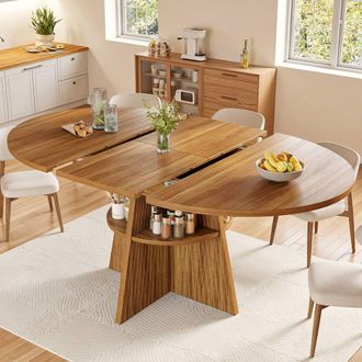 Merax Dark Brown Round Extendable Storage Dining Table for 6-8 Peoples