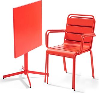 Oviala Conjunto mesa de jard&iacute;n cuadrada y 2 sillas de metal rojo
