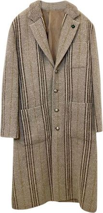 Lardini Beige Striped Wool Long Coat Size S