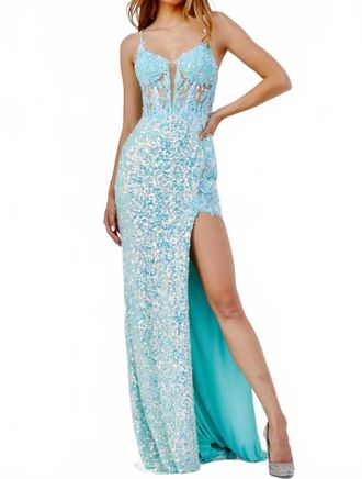 Jovani Womens Illusion Bodice Plunging Neck Prom Dress In Aqua