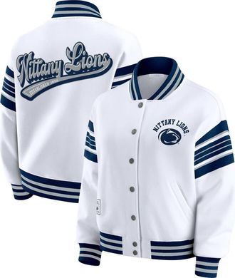 WEAR by Erin Andrews Womens WEAR by Erin Andrews White/Navy Penn State Nittany Lions Satin Stitch Full-Snap Fleece Sweatshirt Jacket at Nordstrom, Size Xx-Large
