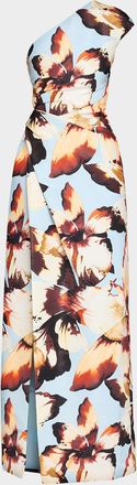 Monique Lhuillier One-Shoulder Amber Lily Print Slit Column Gown