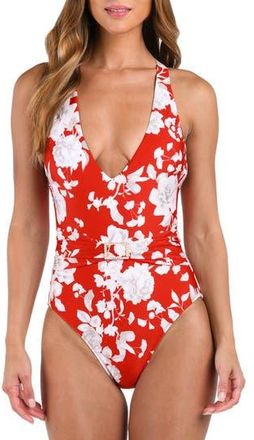 L'agence Lisa Ikebana Belted Floral One-Piece Swimsuit in Rouge at Nordstrom Rack, Size X-Small
