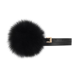Kazar Smal Leren Riem met Bont Pompom - Dames - Riemen - Zwart - 80 CM - Leer - Accessoires