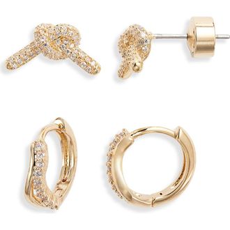 Nordstrom Set of 2 Stud & Huggie Hoop Earrings in Clear- Gold at Nordstrom