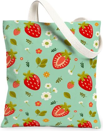 Generic Strawberry Floral Canvas Tote Bags, Nature Inspired Design Reusable Grocery Bags, Spring Vintage Lightweight Washable, Mint Green, 13x15 Inch