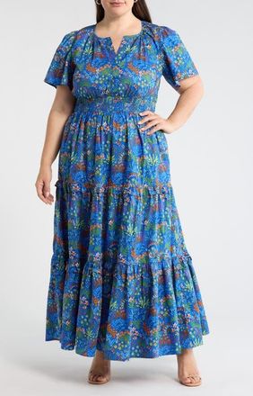 Sugarlips Ruy Floral Palmer Tiered Cotton Maxi Dress in Blue at Nordstrom, Size 3 X