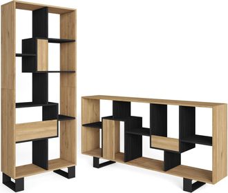 Skraut Home Skraut Home - Libreria Scaffale, Scaffali In Legno A Ripiani, 67x31x174cm, Design Industriale, Stile Moderno, Rovere E Nero